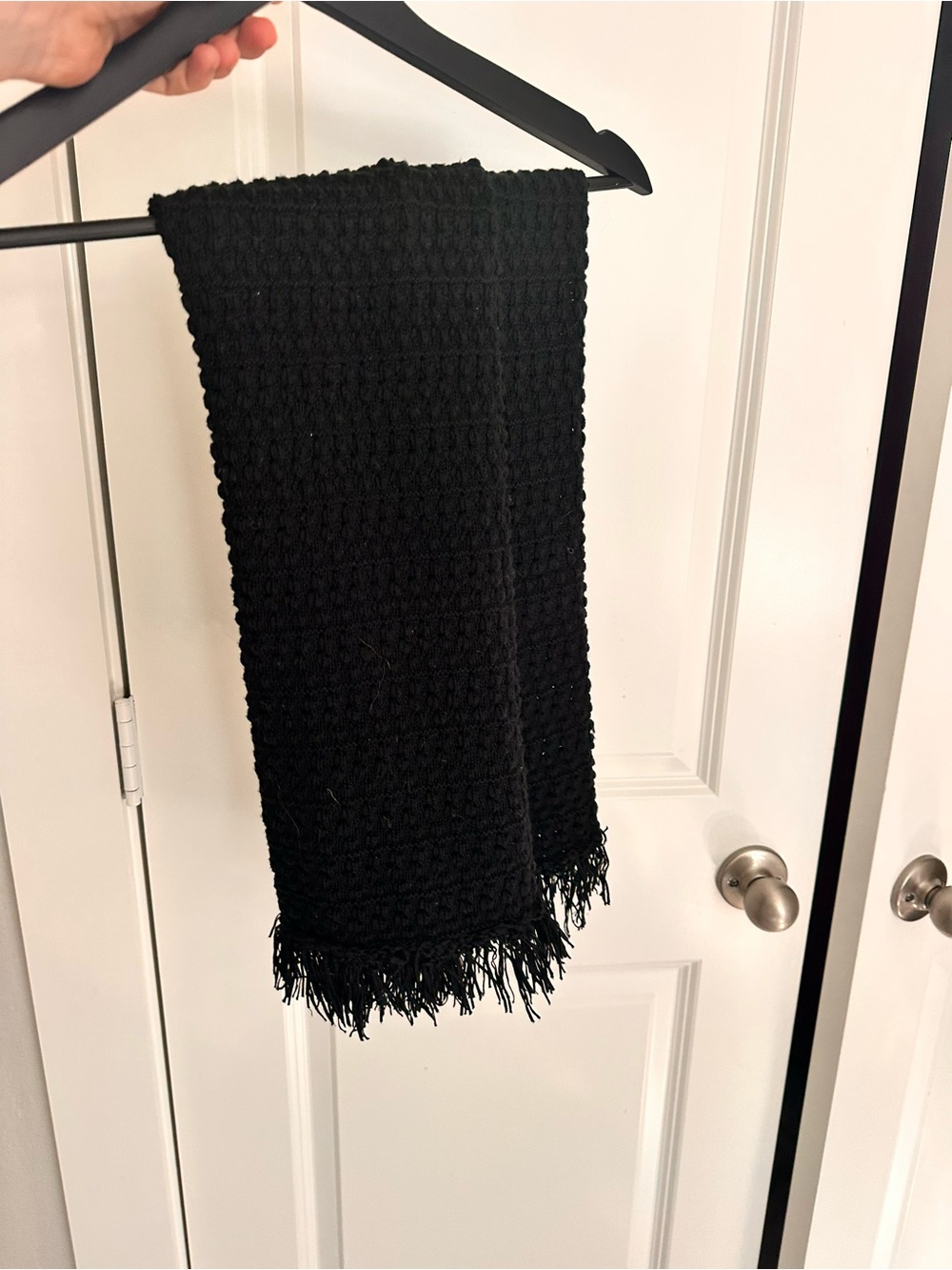 Aqua Black Waffle Knit Fringe Curtain Panel